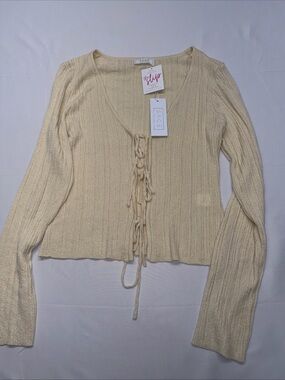 Sage The Label Cream Ribbed Lace Up Sweater Top NWT Size Large Long Sleeve